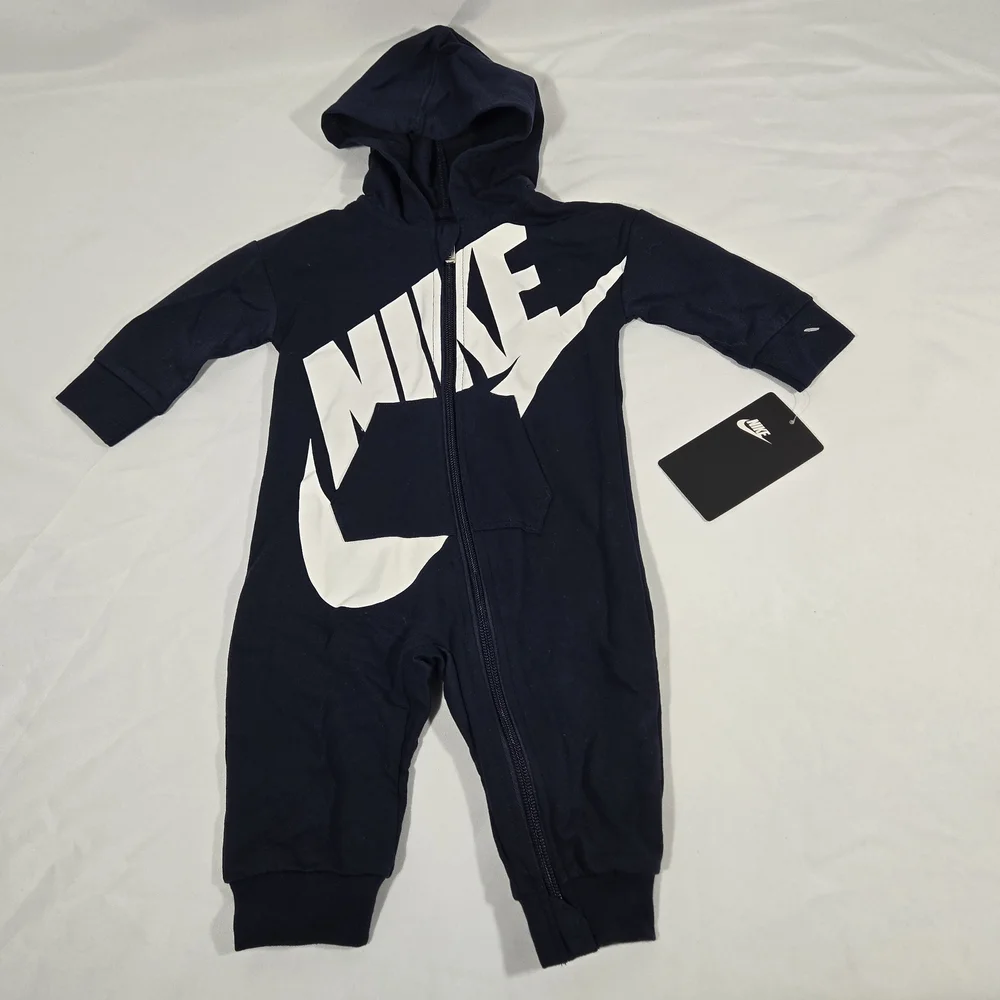 Nike Coverall Boys 6 Months Black Hooded One-Piece Full Zip Logo Romper Fleece